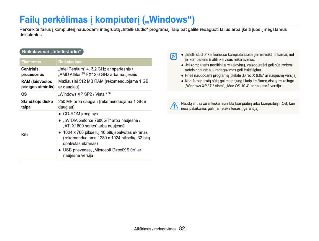 Samsung EC-ST5000BPARU, EC-ST5000BPBRU manual Failų perkėlimas į kompiuterį „Windows, Reikalavimai „Intelli-studio 