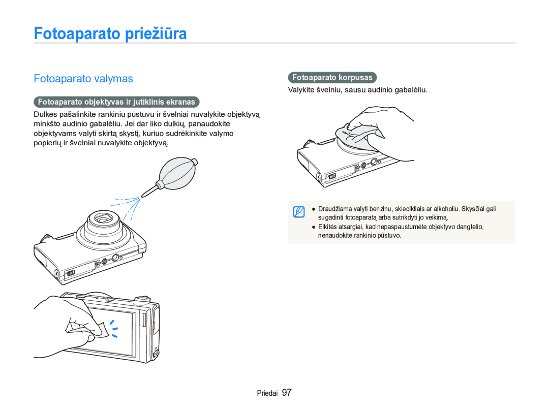 Samsung EC-ST5000BPBRU manual Fotoaparato priežiūra, Fotoaparato valymas, Fotoaparato objektyvas ir jutiklinis ekranas 