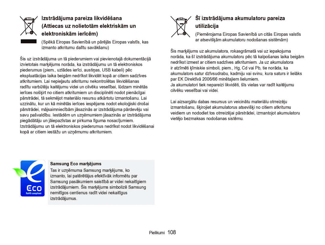 Samsung EC-ST5000BPARU, EC-ST5000BPBRU Samsung Eco marķējums, Šis marķējums uz akumulatora, rokasgrāmatā vai uz iepakojuma 