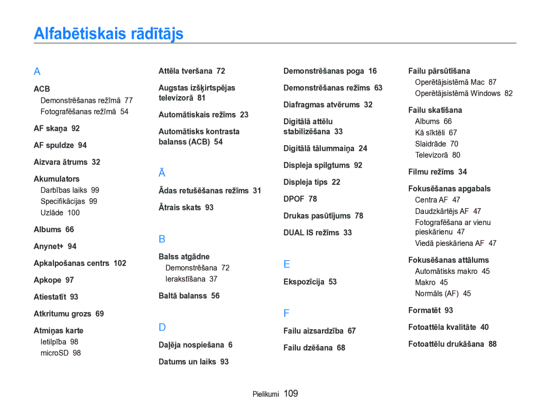 Samsung EC-ST5000BPBRU, EC-ST5000BPARU manual Alfabētiskais rādītājs 