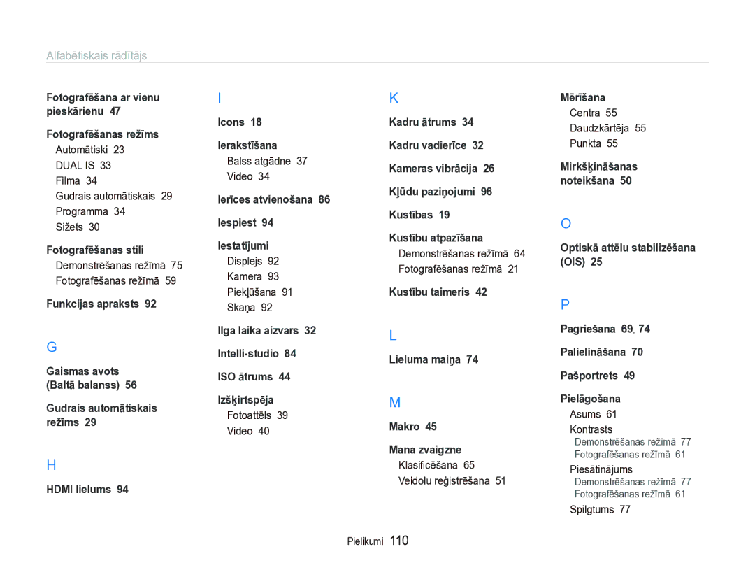 Samsung EC-ST5000BPARU, EC-ST5000BPBRU manual Alfabētiskais rādītājs 