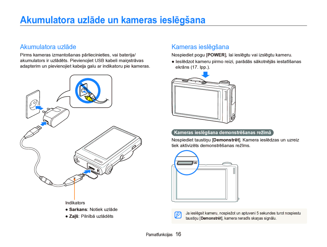 Samsung EC-ST5000BPARU, EC-ST5000BPBRU manual Akumulatora uzlāde un kameras ieslēgšana, Kameras ieslēgšana 