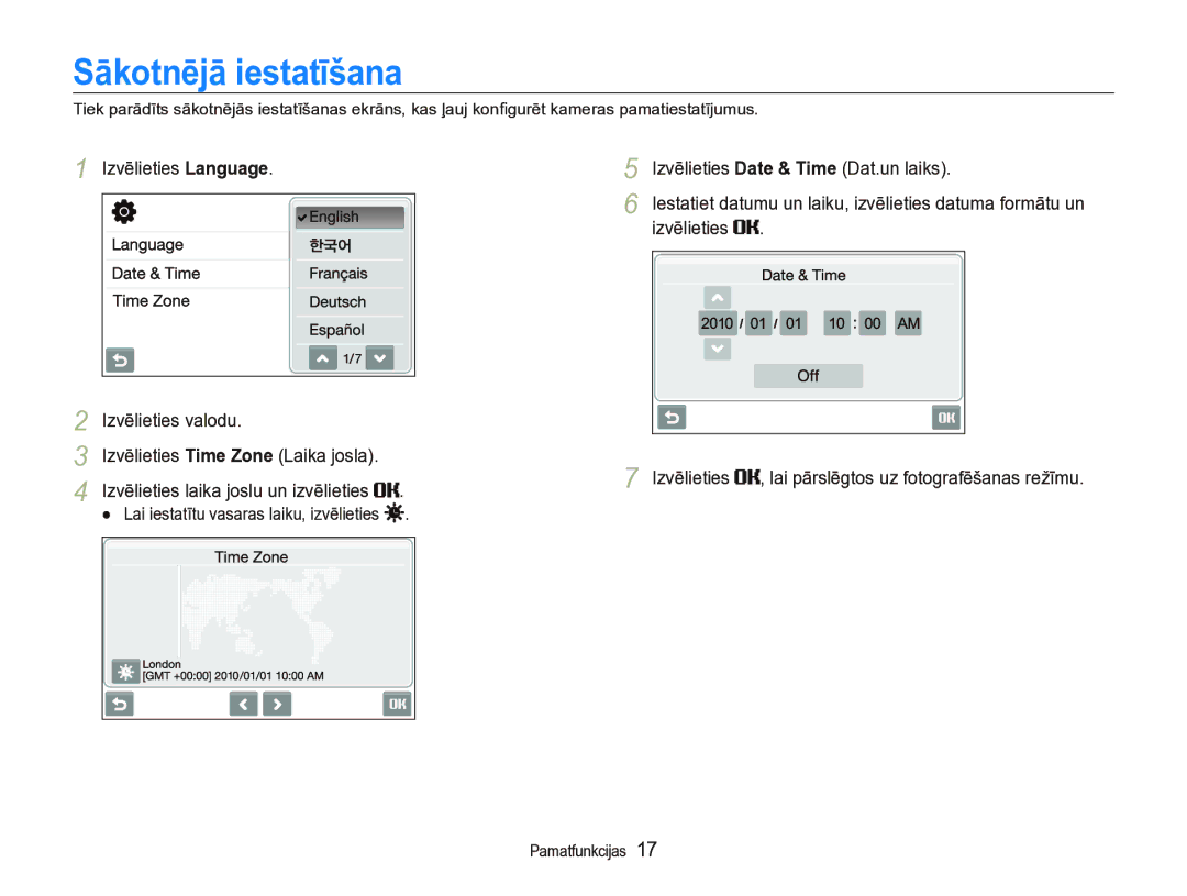 Samsung EC-ST5000BPBRU, EC-ST5000BPARU manual Sākotnējā iestatīšana, Izvēlieties Language Izvēlieties valodu 