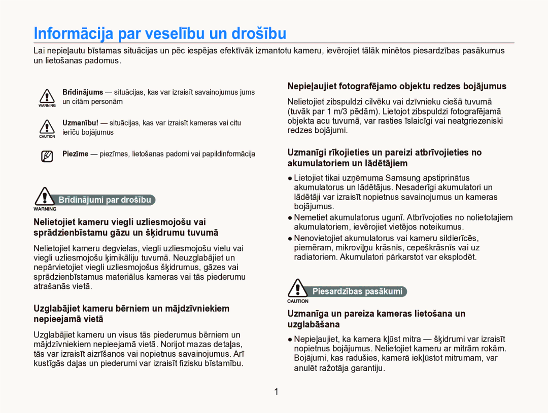 Samsung EC-ST5000BPBRU, EC-ST5000BPARU manual Informācija par veselību un drošību, Brīdinājumi par drošību 