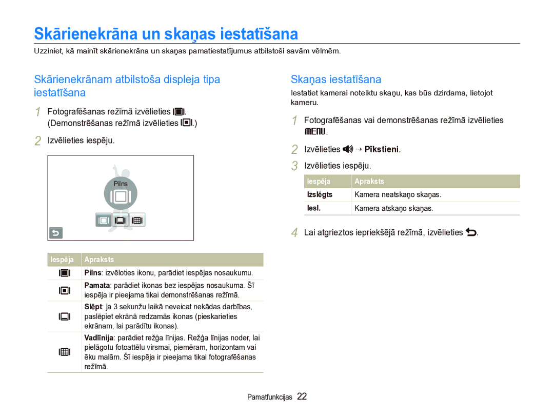 Samsung EC-ST5000BPARU manual Skārienekrāna un skaņas iestatīšana, Skārienekrānam atbilstoša displeja tipa iestatīšana 