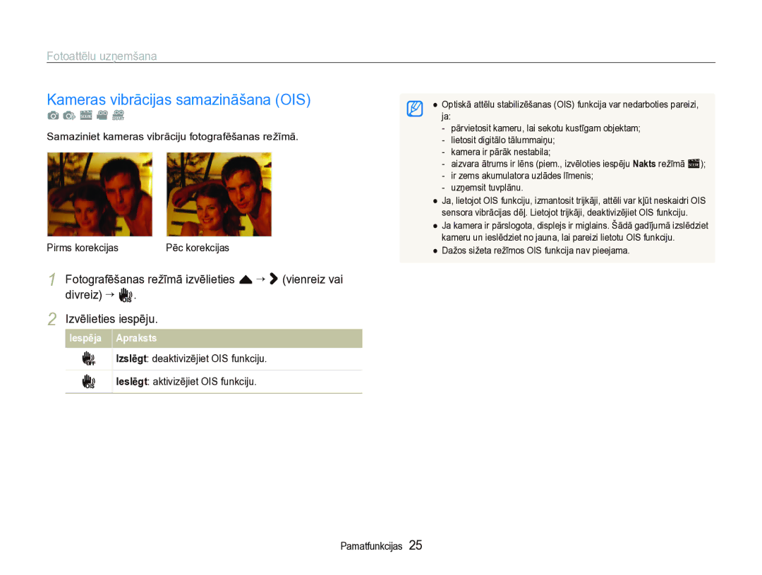 Samsung EC-ST5000BPBRU, EC-ST5000BPARU manual Kameras vibrācijas samazināšana OIS 