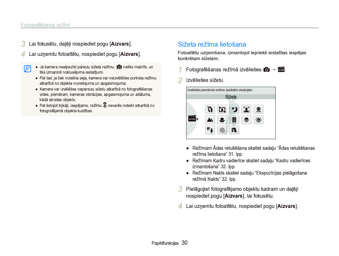 Samsung EC-ST5000BPARU, EC-ST5000BPBRU manual Sižeta režīma lietošana, Fotografēšanas režīmi 