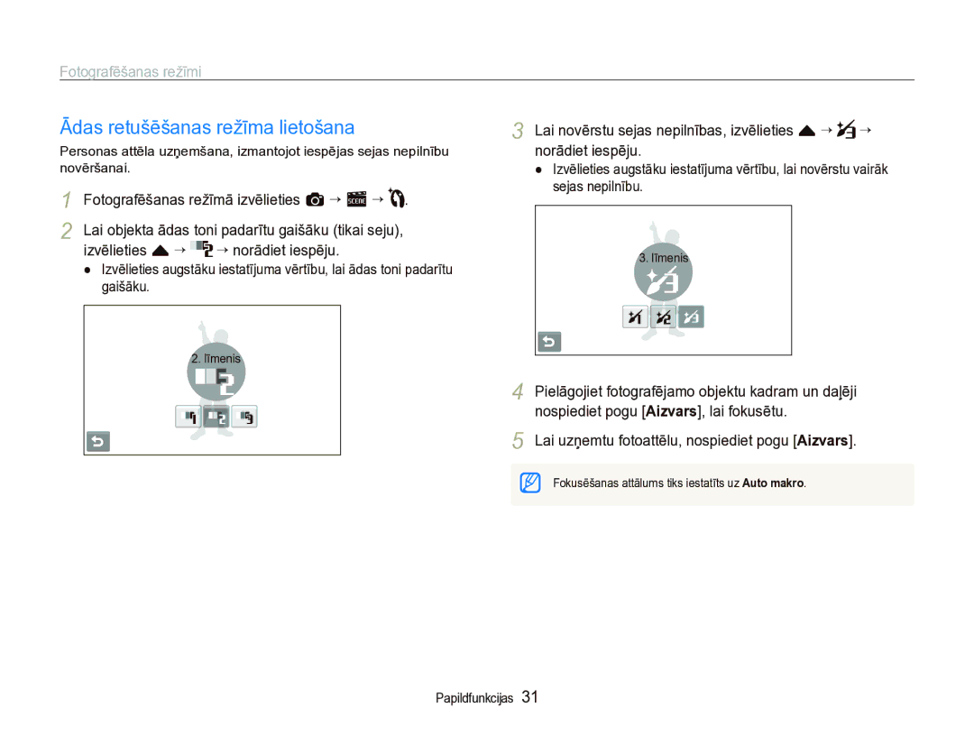 Samsung EC-ST5000BPBRU manual Ādas retušēšanas režīma lietošana, Izvēlieties f ““ ““norādiet iespēju, Norādiet iespēju 