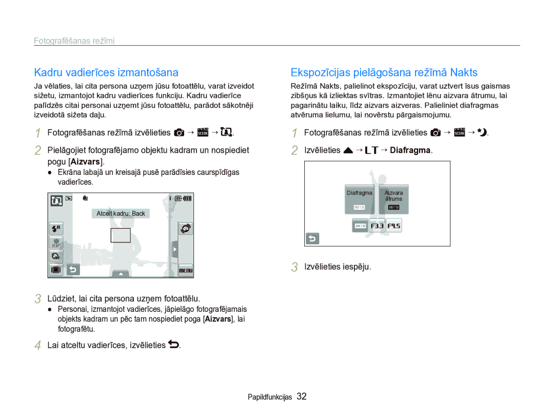 Samsung EC-ST5000BPARU, EC-ST5000BPBRU manual Kadru vadierīces izmantošana, Ekspozīcijas pielāgošana režīmā Nakts 