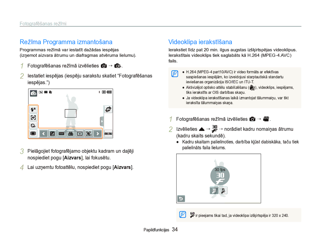 Samsung EC-ST5000BPARU, EC-ST5000BPBRU manual Režīma Programma izmantošana, Videoklipa ierakstīšana 