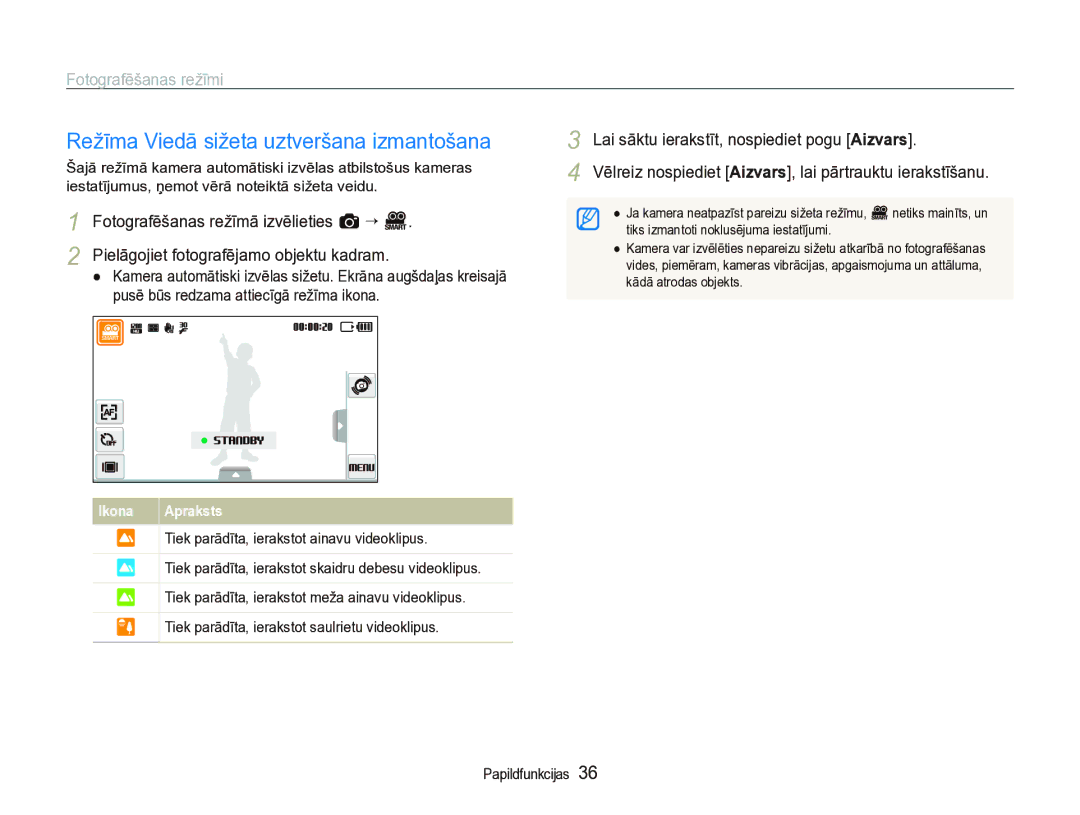 Samsung EC-ST5000BPARU manual Režīma Viedā sižeta uztveršana izmantošana, Lai sāktu ierakstīt, nospiediet pogu Aizvars 