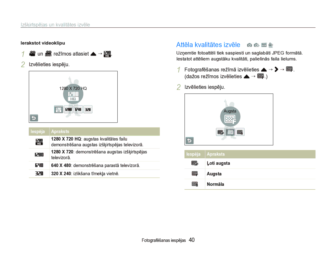 Samsung EC-ST5000BPARU manual Attēla kvalitātes izvēle a p s d, Izšķirtspējas un kvalitātes izvēle, Ierakstot videoklipu 