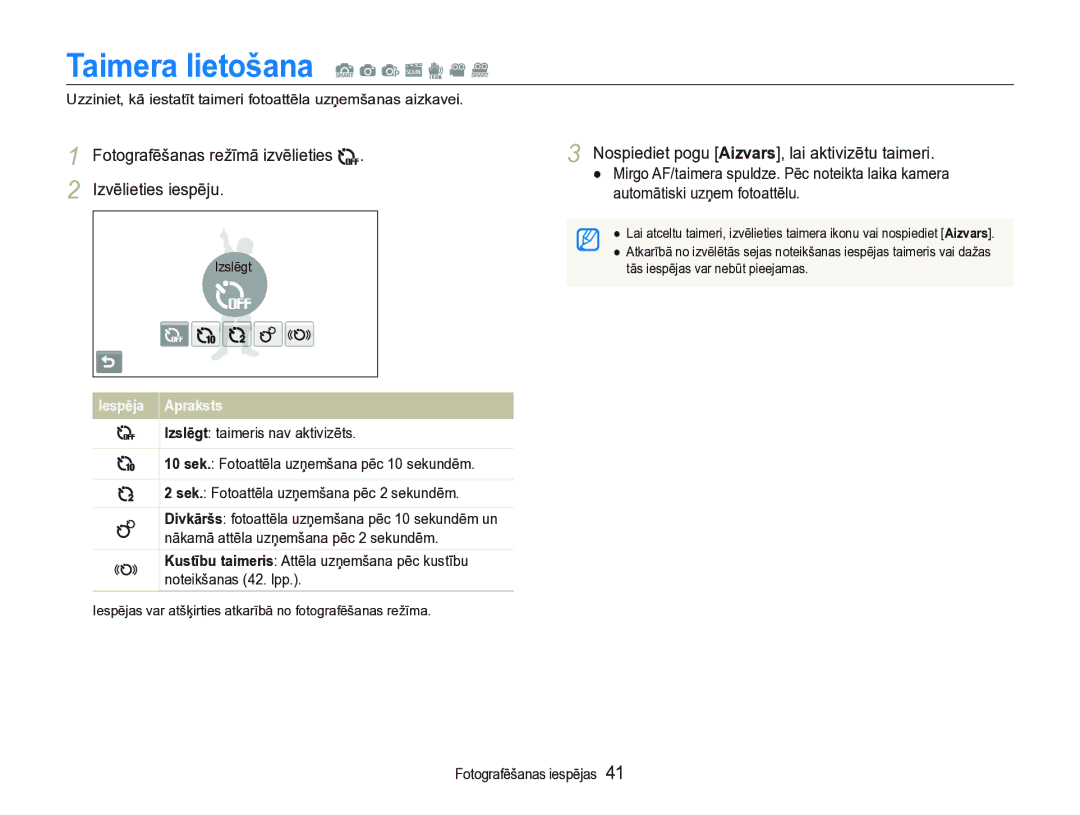 Samsung EC-ST5000BPBRU manual Taimera lietošana S a p s d v D, Fotografēšanas režīmā izvēlieties Izvēlieties iespēju 