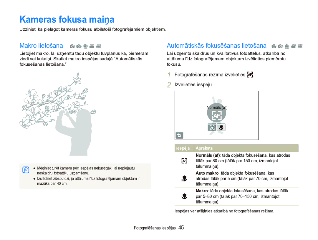 Samsung EC-ST5000BPBRU, EC-ST5000BPARU manual Kameras fokusa maiņa 