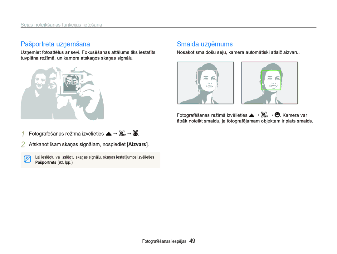 Samsung EC-ST5000BPBRU, EC-ST5000BPARU manual Pašportreta uzņemšana, Smaida uzņēmums, Sejas noteikšanas funkcijas lietošana 