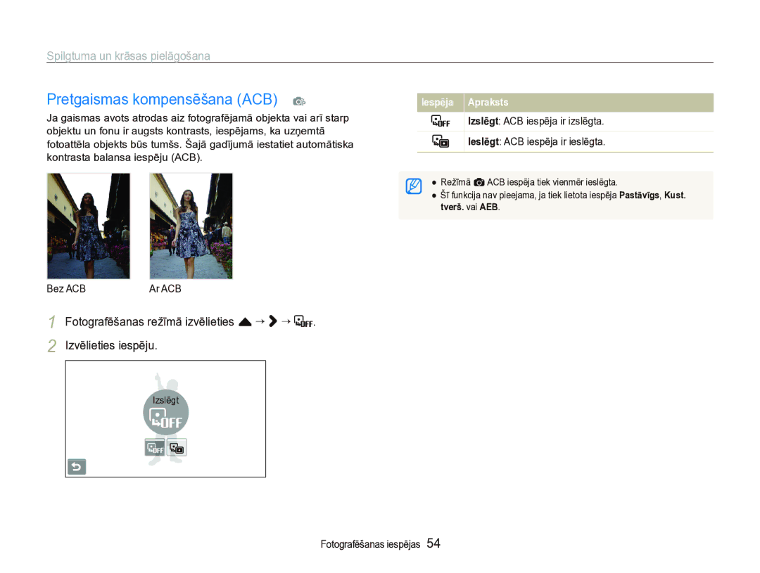 Samsung EC-ST5000BPARU, EC-ST5000BPBRU manual Pretgaismas kompensēšana ACB p, Spilgtuma un krāsas pielāgošana 