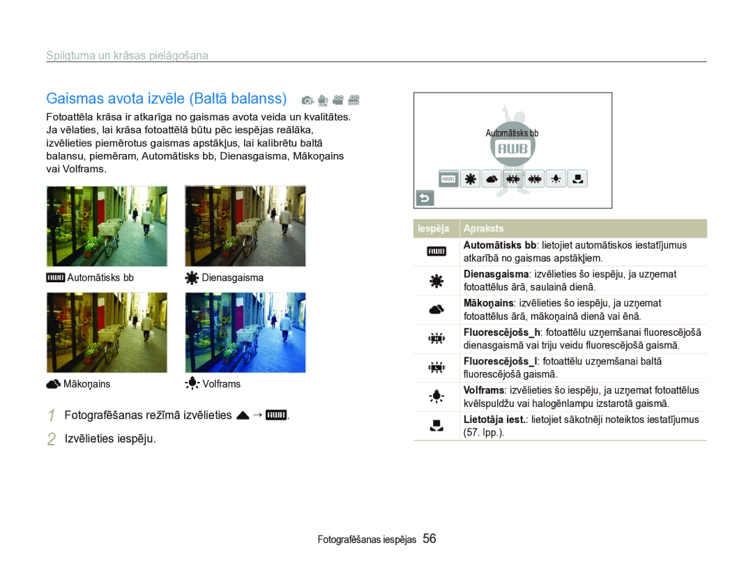 Samsung EC-ST5000BPARU, EC-ST5000BPBRU manual Gaismas avota izvēle Baltā balanss p d v D 