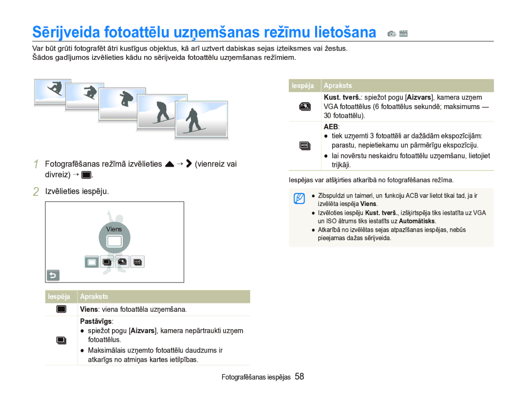 Samsung EC-ST5000BPARU Sērijveida fotoattēlu uzņemšanas režīmu lietošana p s, Viens viena fotoattēla uzņemšana, Pastāvīgs 