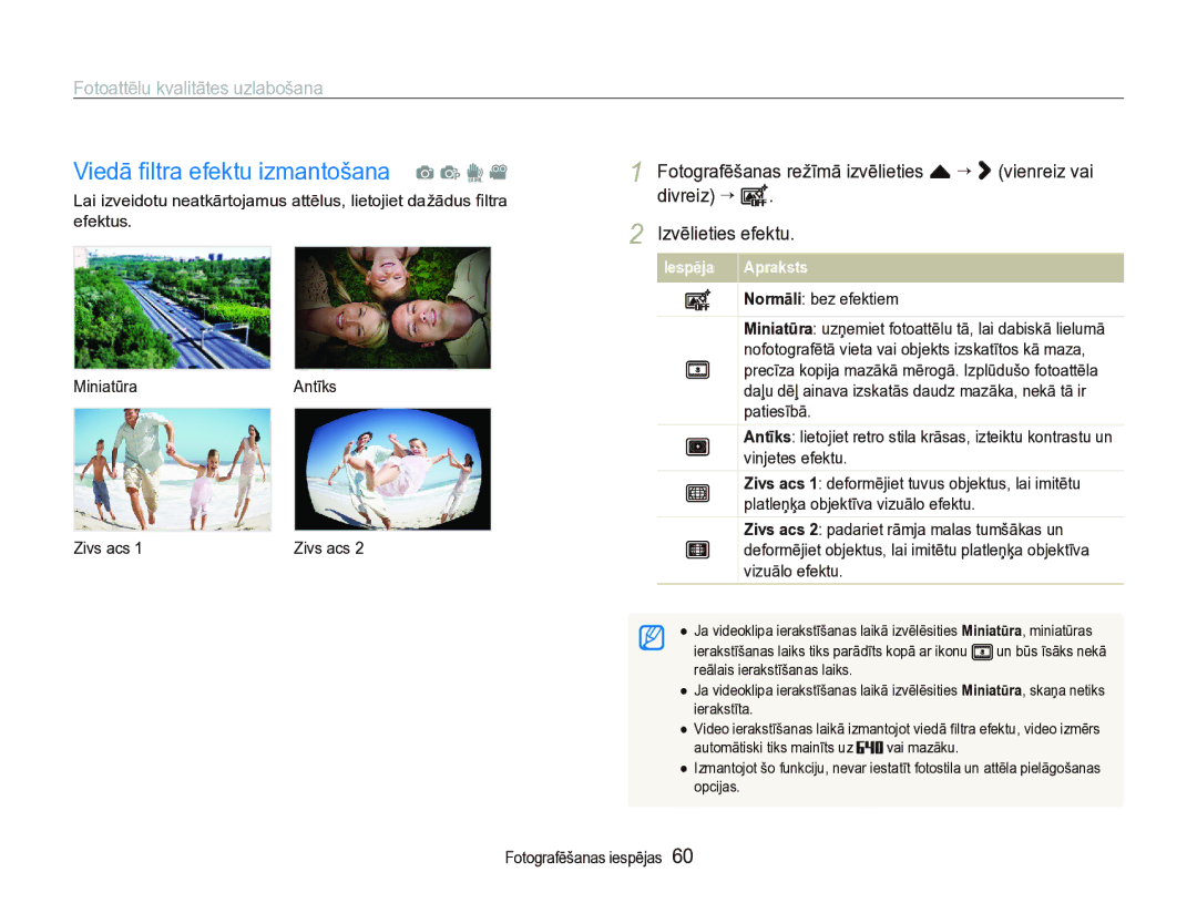 Samsung EC-ST5000BPARU, EC-ST5000BPBRU manual Viedā ﬁltra efektu izmantošana a p d, Fotoattēlu kvalitātes uzlabošana 