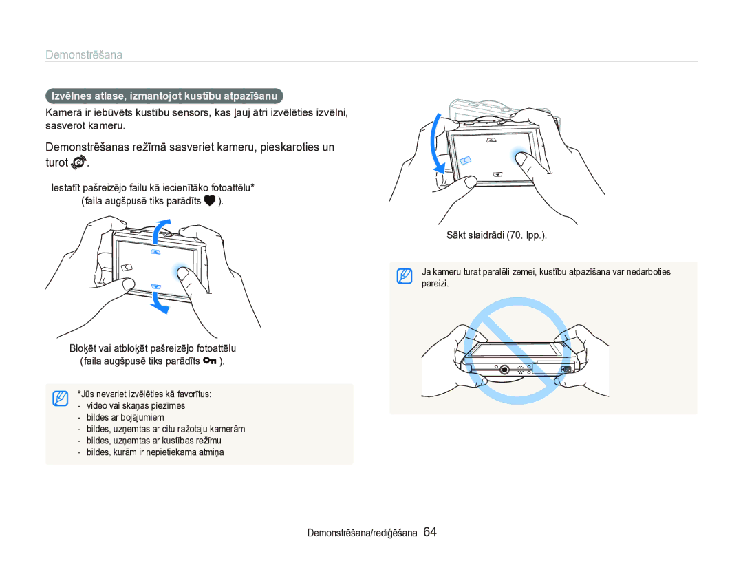 Samsung EC-ST5000BPARU manual Demonstrēšana, Izvēlnes atlase, izmantojot kustību atpazīšanu, Sākt slaidrādi 70. lpp 