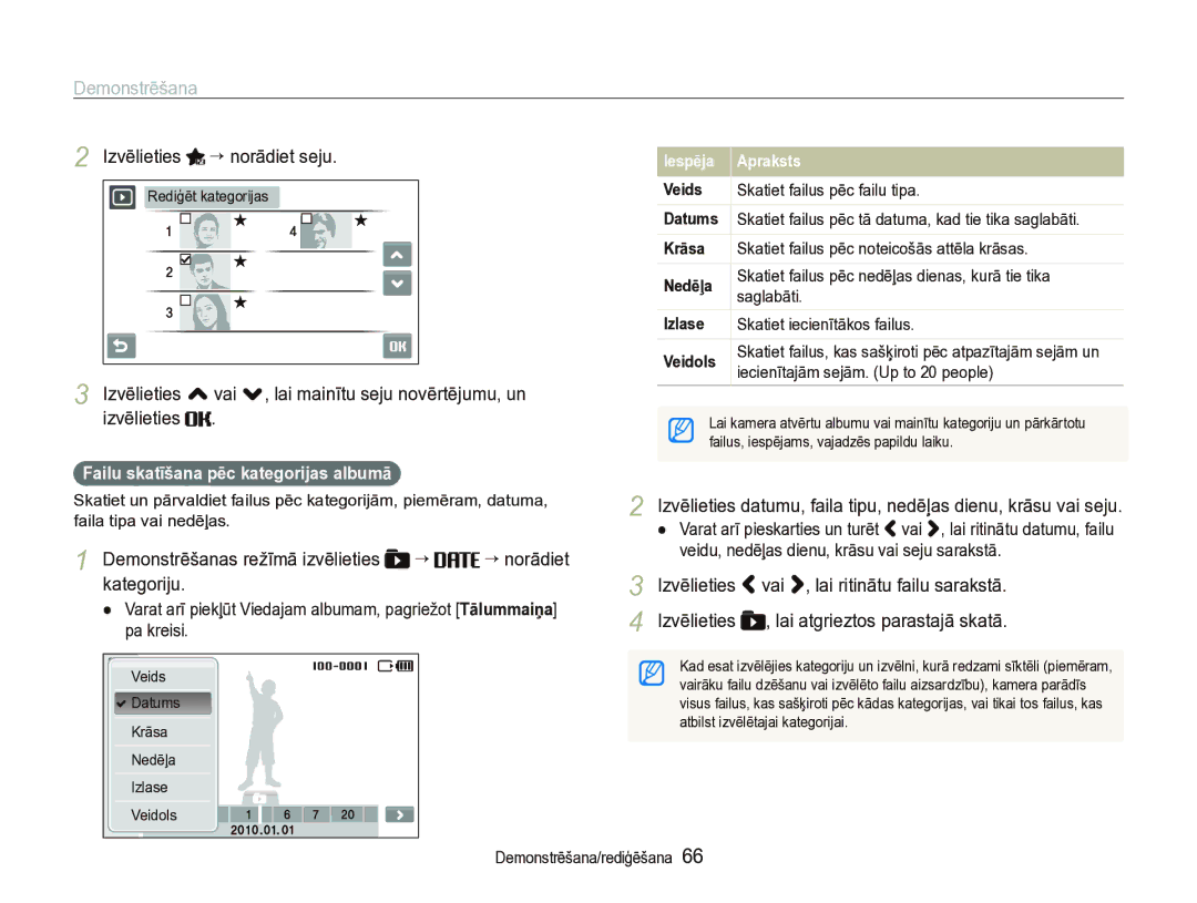 Samsung EC-ST5000BPARU manual Izvēlieties “ norādiet seju, Izvēlieties vai , lai ritinātu failu sarakstā, Kategoriju 