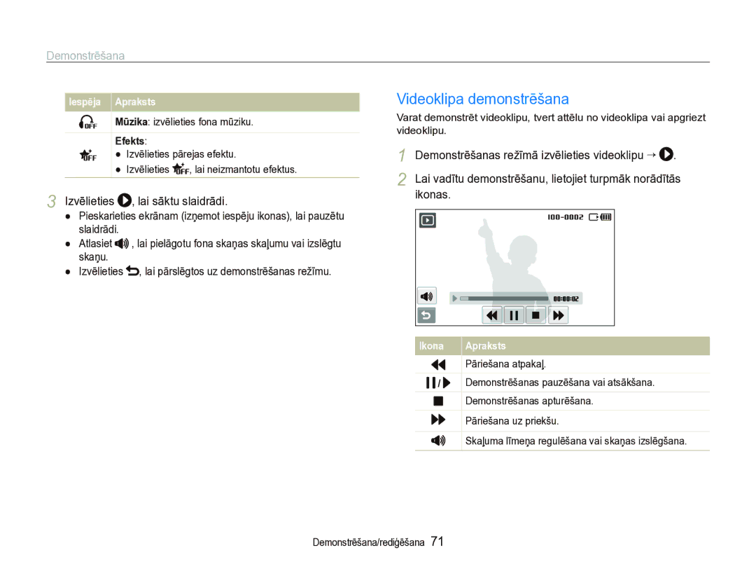 Samsung EC-ST5000BPBRU manual Videoklipa demonstrēšana, Izvēlieties , lai sāktu slaidrādi, Efekts, Pāriešana atpakaļ 