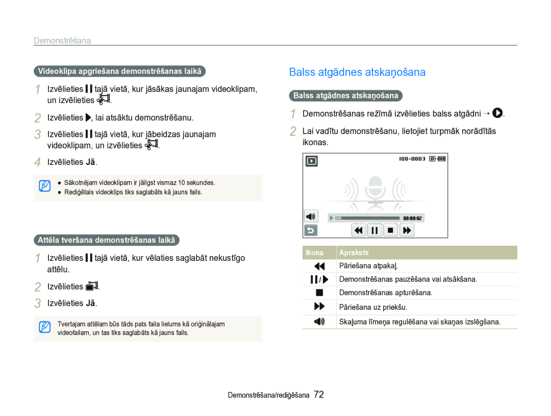 Samsung EC-ST5000BPARU manual Balss atgādnes atskaņošana, Izvēlieties Jā, Videoklipa apgriešana demonstrēšanas laikā 