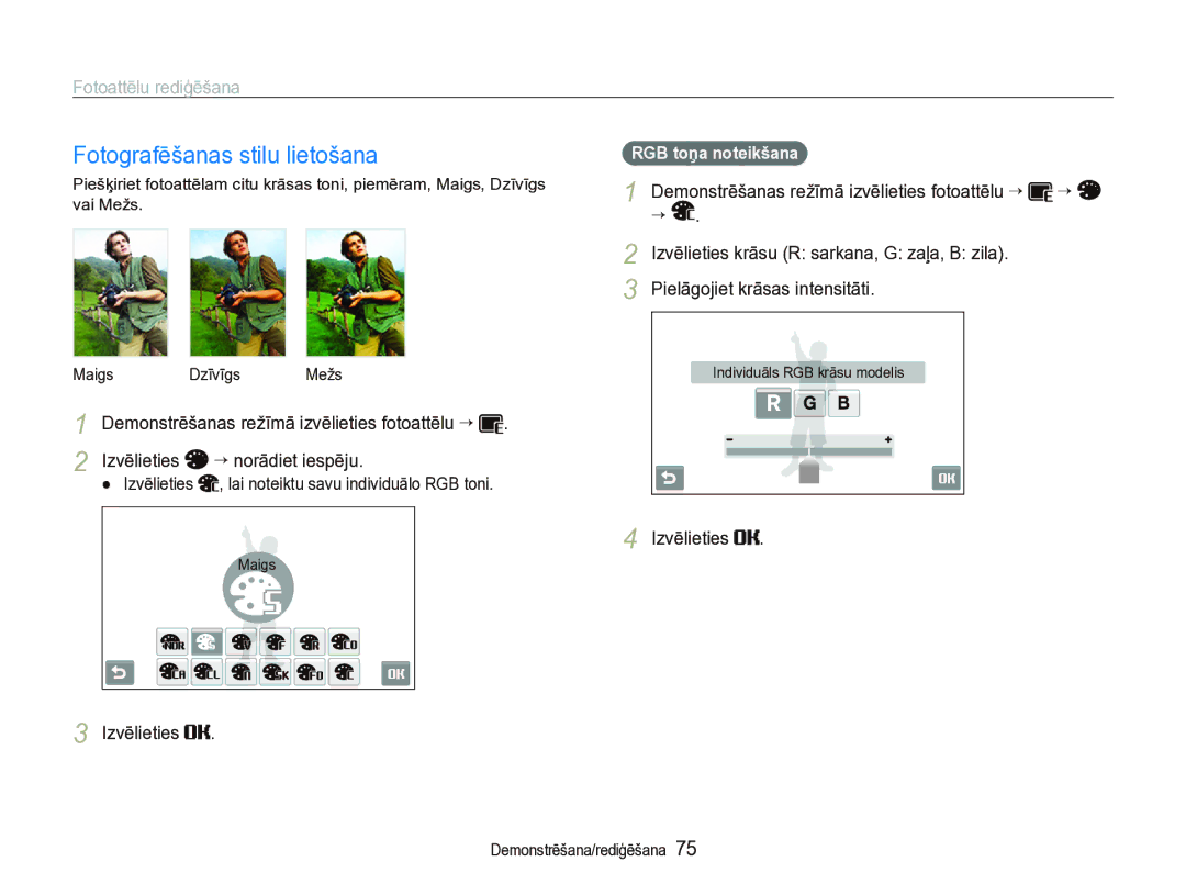 Samsung EC-ST5000BPBRU manual Fotografēšanas stilu lietošana, Fotoattēlu rediģēšana, Pielāgojiet krāsas intensitāti 