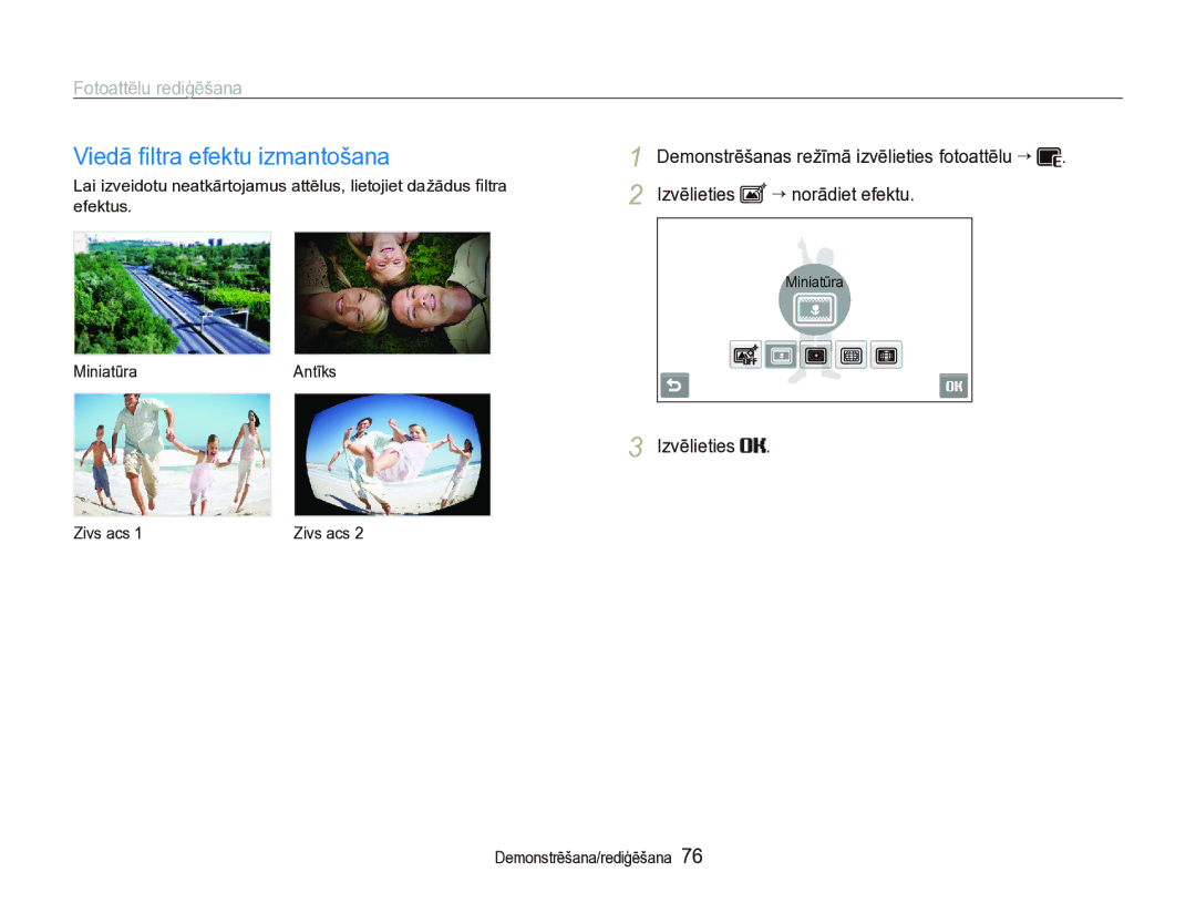 Samsung EC-ST5000BPARU, EC-ST5000BPBRU manual Viedā ﬁltra efektu izmantošana, Izvēlieties ““norādiet efektu, Efektus 