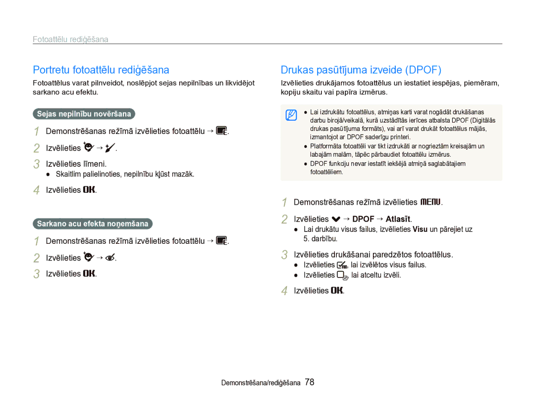 Samsung EC-ST5000BPARU manual Portretu fotoattēlu rediģēšana, Drukas pasūtījuma izveide Dpof, Sejas nepilnību novēršana 