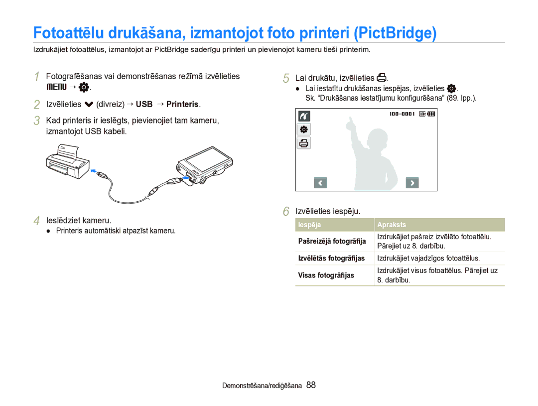 Samsung EC-ST5000BPARU Fotoattēlu drukāšana, izmantojot foto printeri PictBridge, Izvēlieties . divreiz ““USB ““Printeris 