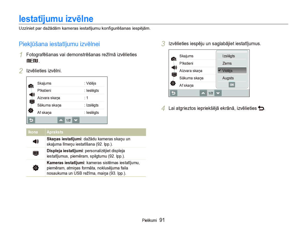 Samsung EC-ST5000BPBRU, EC-ST5000BPARU manual Iestatījumu izvēlne, Piekļūšana iestatījumu izvēlnei 