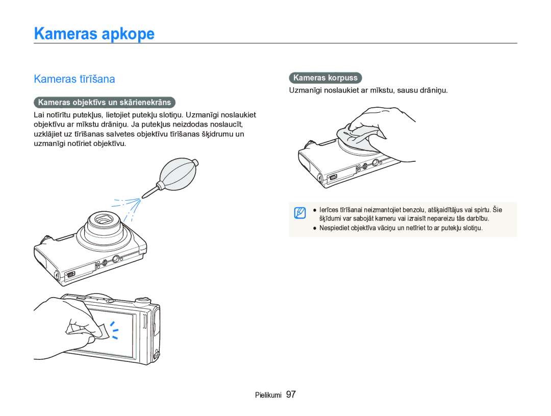 Samsung EC-ST5000BPBRU manual Kameras apkope, Kameras tīrīšana, Kameras objektīvs un skārienekrāns, Kameras korpuss 