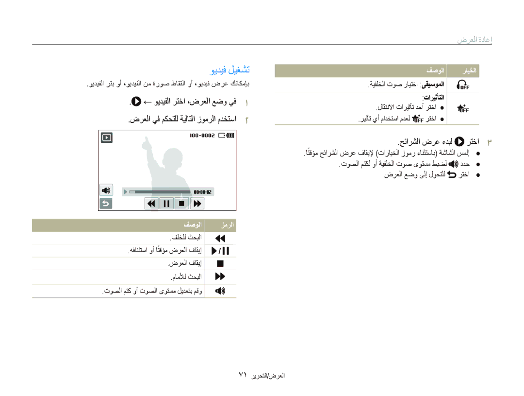 Samsung EC-ST500ZBPSSA, EC-ST500ZBPRE1, EC-ST500ZDPUAS, EC-ST5000DPUME manual ﻮﻳﺪﻴﻓ ﻞﻴﻐﺸﺗ, ﺢﺋﺍﺮﺸﻟﺍ ﺽﺮﻋ ءﺪﺒﻟ ﺮﺘﺧﺍ, ﺕﺍﺮﻴﺛﺄﺘﻟﺍ 