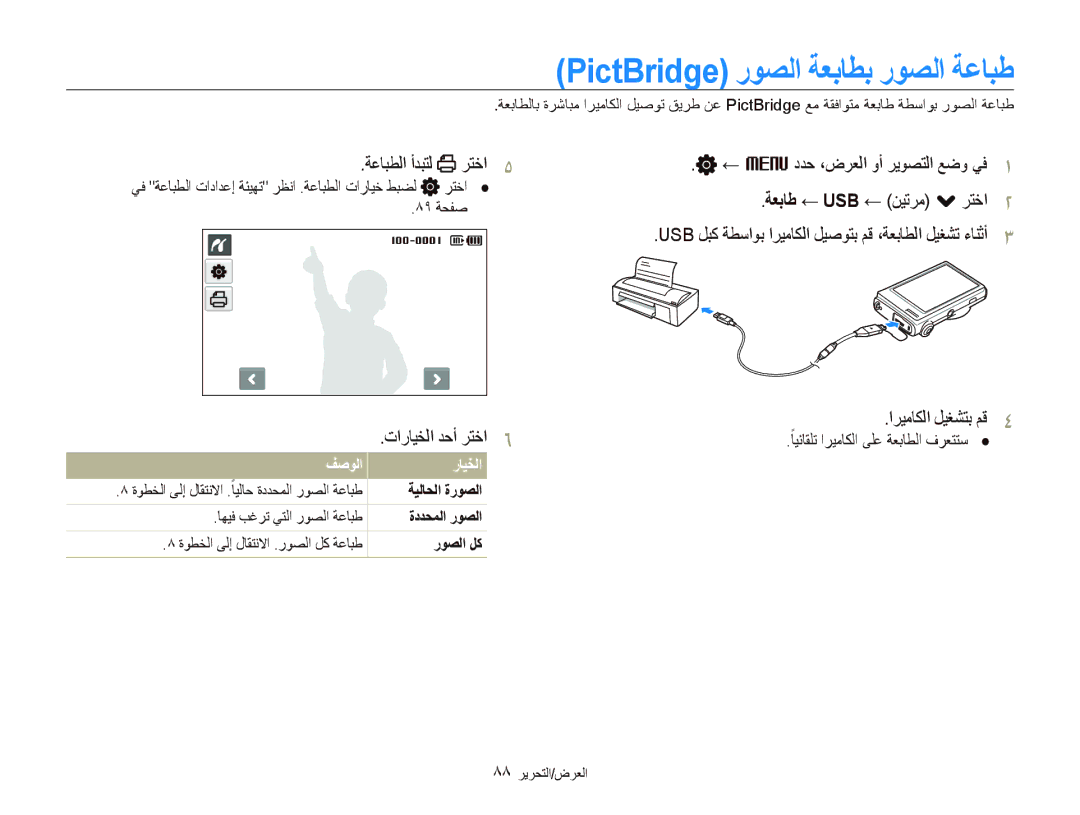 Samsung ES-ST500ZSASCN, EC-ST500ZBPRE1, EC-ST500ZDPUAS manual PictBridge ﺭﻮﺼﻟﺍ ﺔﻌﺑﺎﻄﺑ ﺭﻮﺼﻟﺍ ﺔﻋﺎﺒﻃ, ﺔﻋﺎﺒﻄﻟﺍ ﺃﺪﺒﺘﻟ ﺮﺘﺧﺍ 