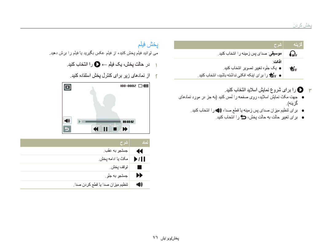 Samsung EC-ST500ZBPSSA manual ﻢﻠﻴﻓ ﺶﺨﭘ, ﺪﻴﻨﮐ ﺏﺎﺨﺘﻧﺍ ﺪﻳﻼﺳﺍ ﺶﻳﺎﻤﻧ ﻉﻭﺮﺷ یﺍﺮﺑ ﺍﺭ, ﻪﻨﻳﺰﮔ, ﺡﺮﺷ ﺩﺎﻤﻧ ﺐﻘﻋ ﻪﺑ ﻮﺠﺘﺴﺟ ﺶﺨﭘ ﻪﻣﺍﺩﺍ ﺎﻳ ﺚﮑﻣ 