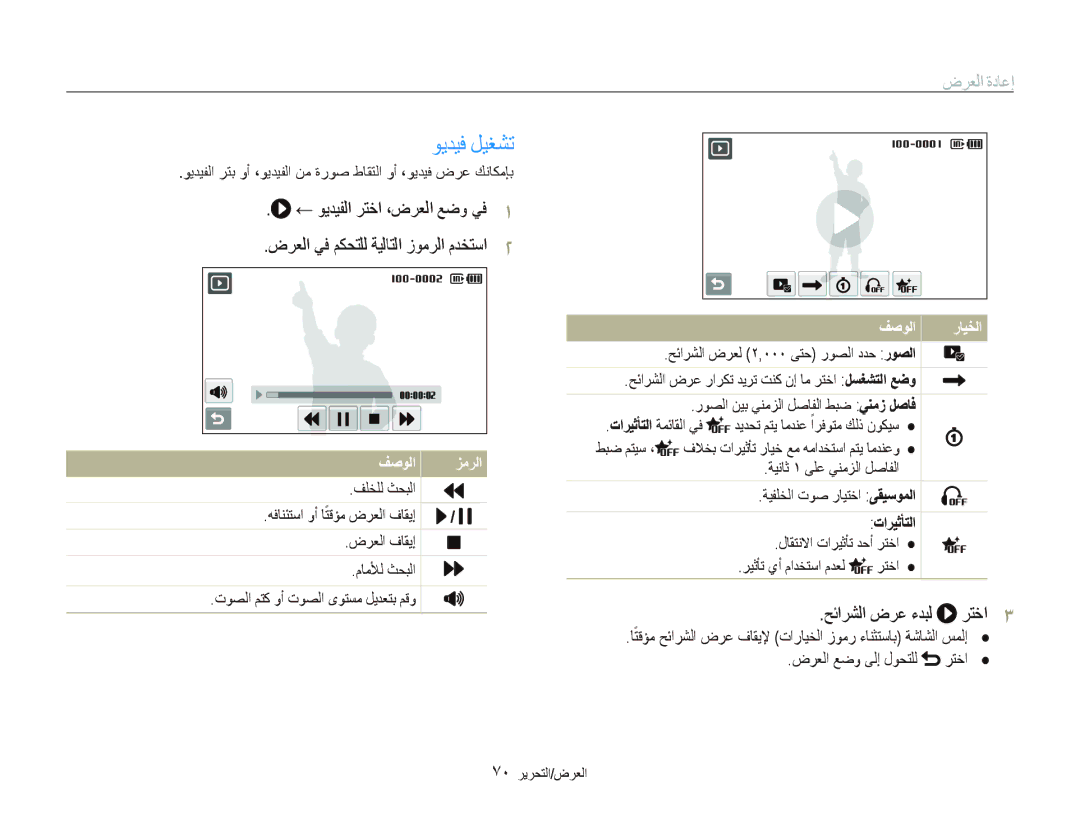 Samsung EC-ST500ZDPSME manual ﻮﻳﺪﻴﻓ ﻞﻴﻐﺸﺗ, ﺢﺋﺍﺮﺸﻟﺍ ﺽﺮﻋ ءﺪﺒﻟ ﺮﺘﺧﺍ, ﺕﺍﺮﻴﺛﺄﺘﻟﺍ, ﻝﺎﻘﺘﻧﻻﺍ ﺕﺍﺮﻴﺛﺄﺗ ﺪﺣﺃ ﺮﺘﺧﺍ ﺮﻴﺛﺄﺗ ﻱﺃ ﻡﺍﺪﺨﺘﺳﺍ ﻡﺪﻌﻟ 