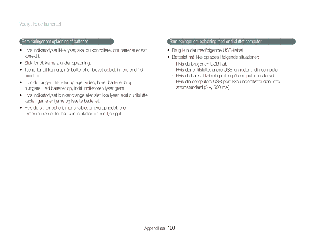 Samsung EC-ST5000BPAE2 manual Bemærkninger om opladning af batteriet, Bemærkninger om opladning med en tilsluttet computer 