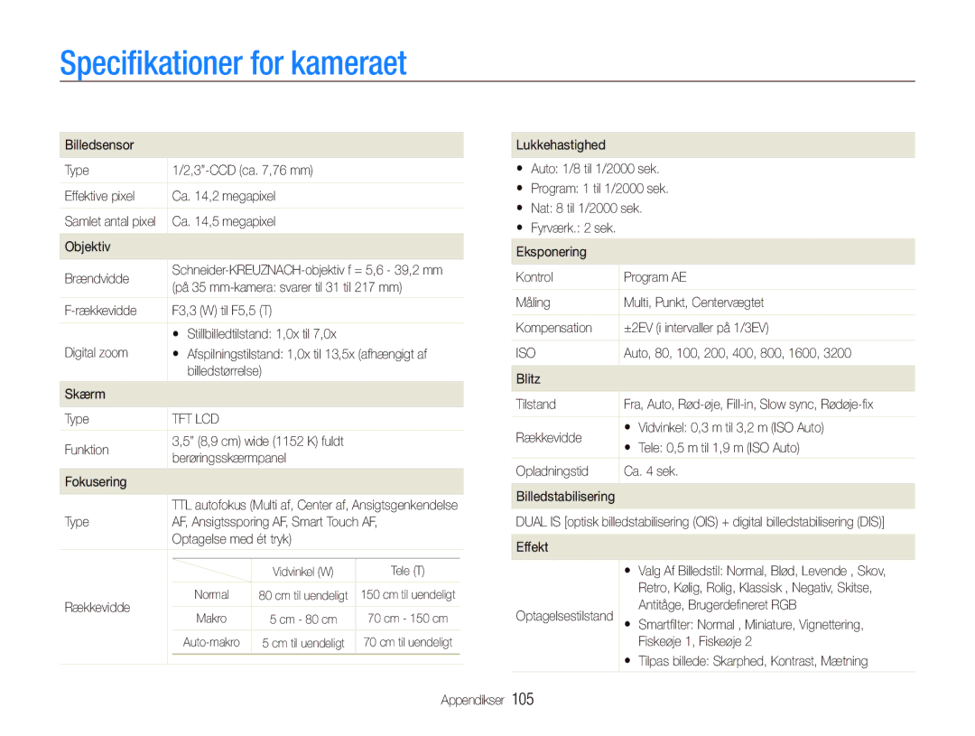 Samsung EC-ST5000BPAE2, EC-ST500ZBPRE2, EC-ST500ZBPUE2, EC-ST5000BPBE2, EC-ST500ZBPSE2 manual Speciﬁkationer for kameraet, 105 