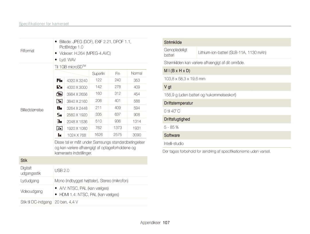 Samsung EC-ST5000BPBE2, EC-ST500ZBPRE2 manual PictBridge, Filformat, Strømkilde Genopladeligt,  Lyd WAV, Billedstørrelse 