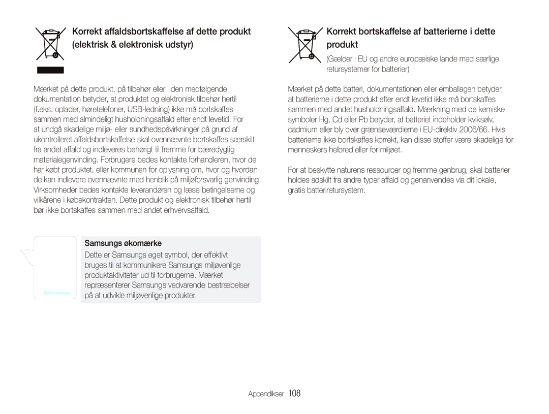 Samsung EC-ST500ZBPSE2, EC-ST500ZBPRE2 manual Korrekt bortskaffelse af batterierne i dette produkt, Samsungs økomærke 