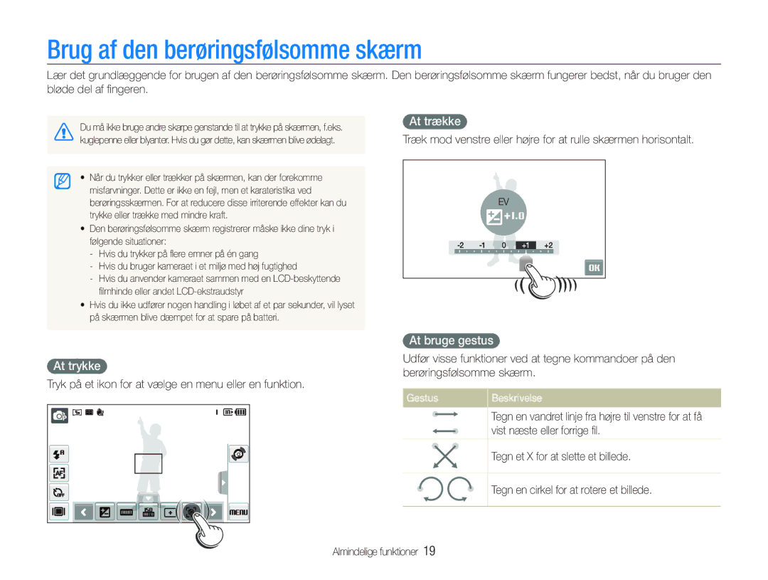 Samsung EC-ST500ZBPRE2, EC-ST5000BPAE2 manual Brug af den berøringsfølsomme skærm, At trække, At trykke, At bruge gestus 