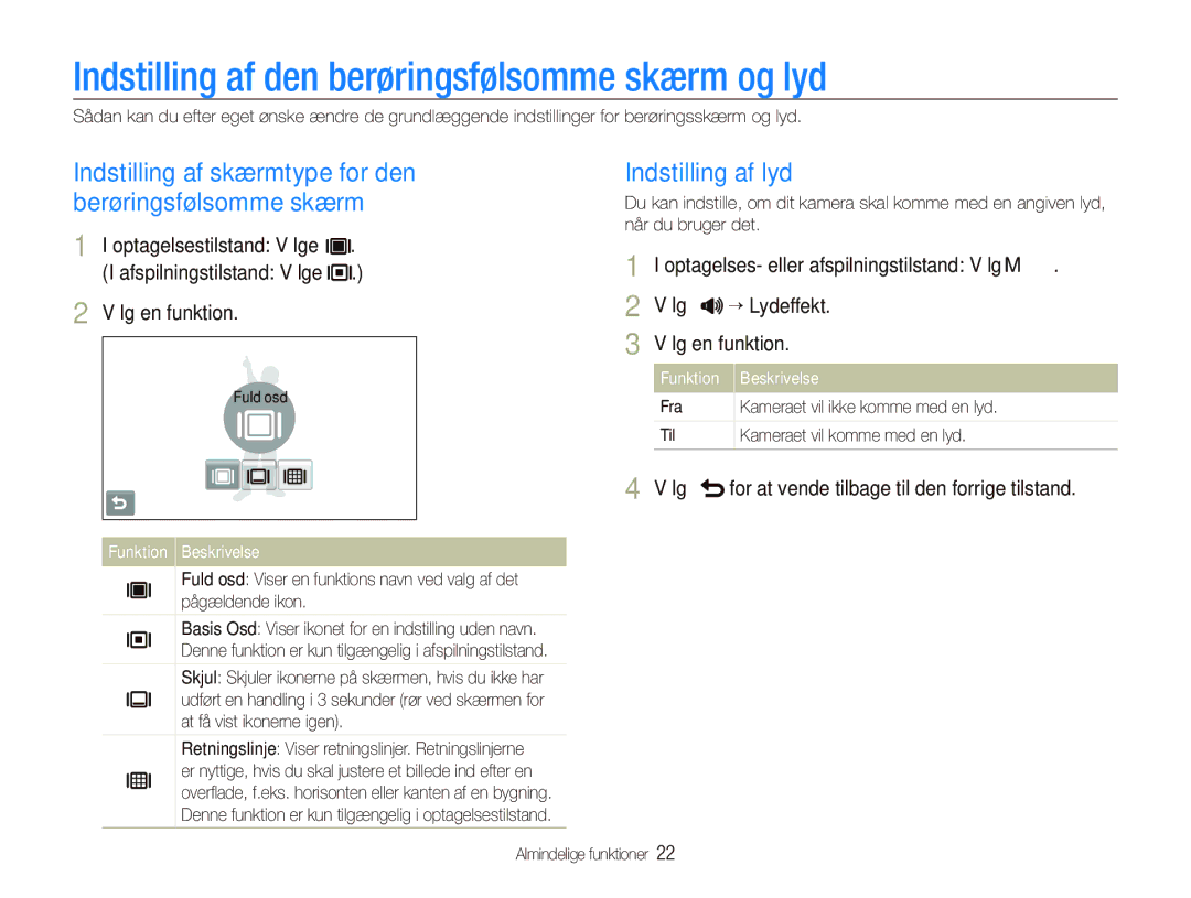 Samsung EC-ST5000BPBE2 manual Indstilling af den berøringsfølsomme skærm og lyd, Indstilling af lyd, Funktion Beskrivelse 