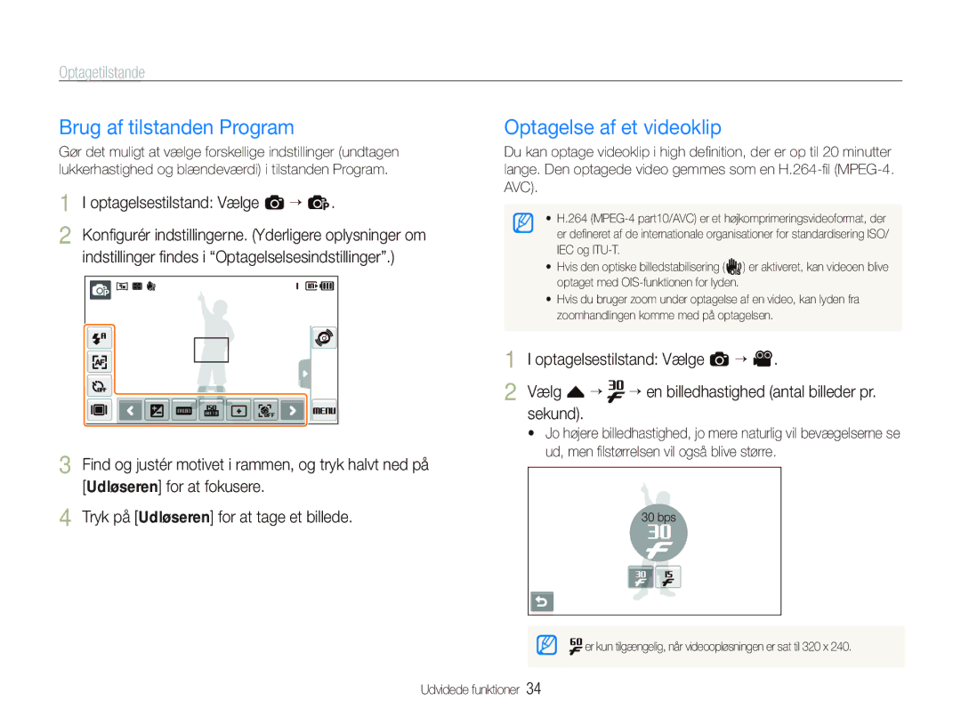 Samsung EC-ST500ZBPRE2 manual Brug af tilstanden Program, Optagelse af et videoklip, Optagelsestilstand Vælge a “ p 