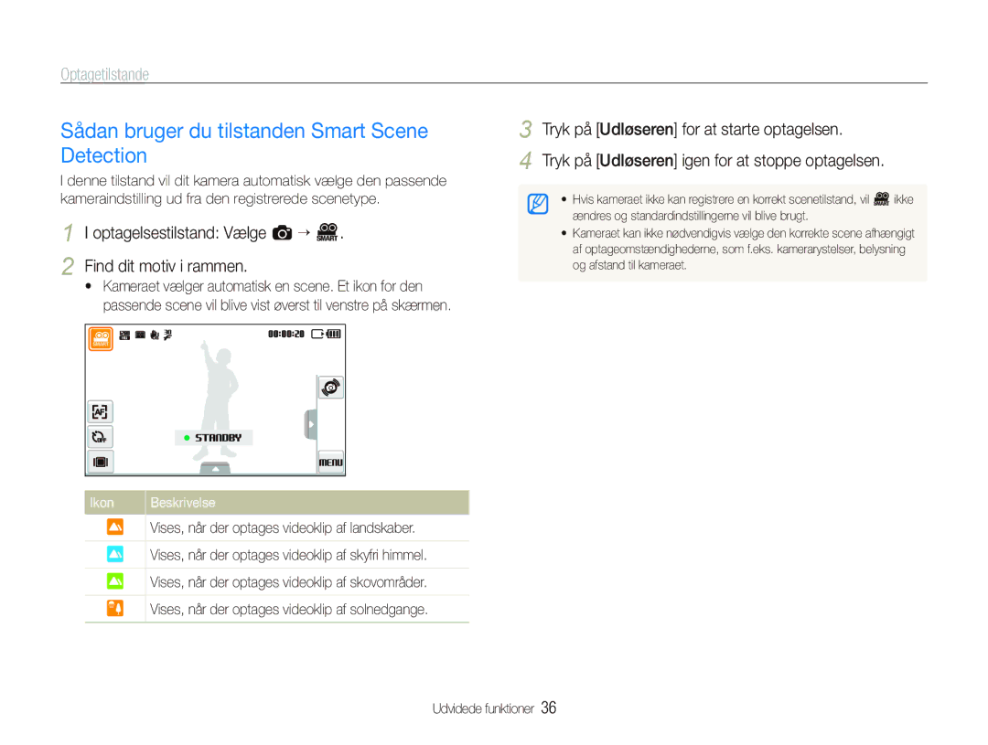 Samsung EC-ST500ZBPUE2, EC-ST500ZBPRE2 manual Sådan bruger du tilstanden Smart Scene Detection, Find dit motiv i rammen 