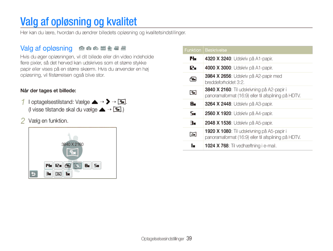 Samsung EC-ST500ZBPRE2, EC-ST5000BPAE2, EC-ST500ZBPUE2 manual Valg af opløsning og kvalitet, Valg af opløsning S a p s d v D 