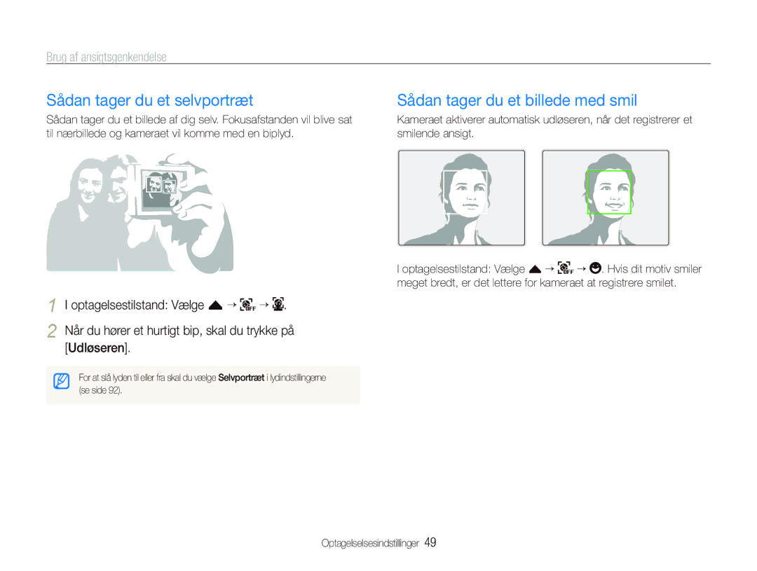 Samsung EC-ST500ZBPRE2 manual Sådan tager du et selvportræt, Sådan tager du et billede med smil, Brug af ansigtsgenkendelse 