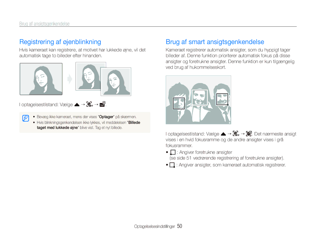 Samsung EC-ST5000BPAE2, EC-ST500ZBPRE2, EC-ST500ZBPUE2 manual Registrering af øjenblinkning, Brug af smart ansigtsgenkendelse 