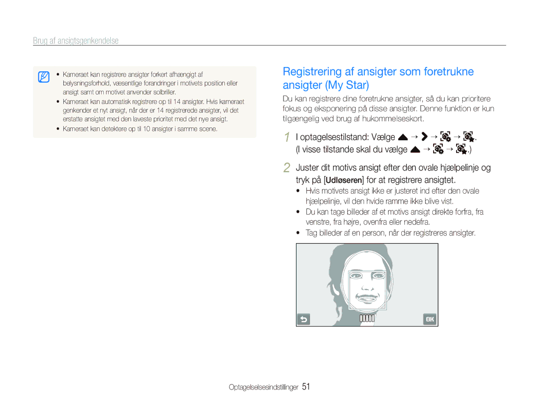 Samsung EC-ST500ZBPUE2, EC-ST500ZBPRE2, EC-ST5000BPAE2 manual Registrering af ansigter som foretrukne ansigter My Star 