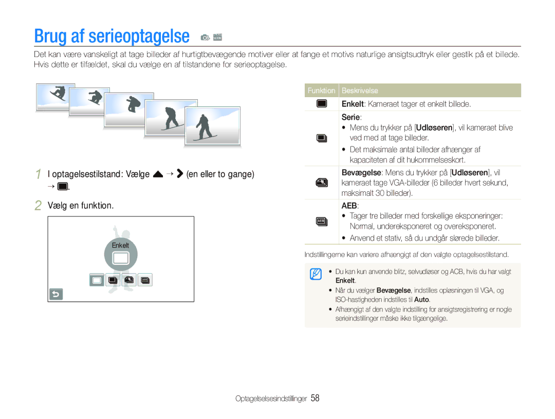 Samsung EC-ST500ZBPSE2, EC-ST500ZBPRE2 manual Brug af serieoptagelse p s,  Anvend et stativ, så du undgår slørede billeder 